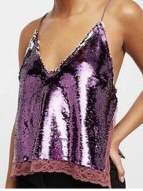 NWOT Free People freepeople purple sequin top pink lace trim side slits